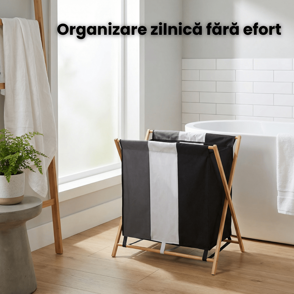 Cos Rufe HASEPE Triplu, Cu Cadru Din Bambus, Cos Rufe Cu 3 Compartimente Pentru Sortare Haine, Cos Rufe Pliabil Cu Material Rezistent, Tricolor, Organizare Eficienta Spatiu, Dimensiuni 72.5 x 40 x 74 - HASEPE
