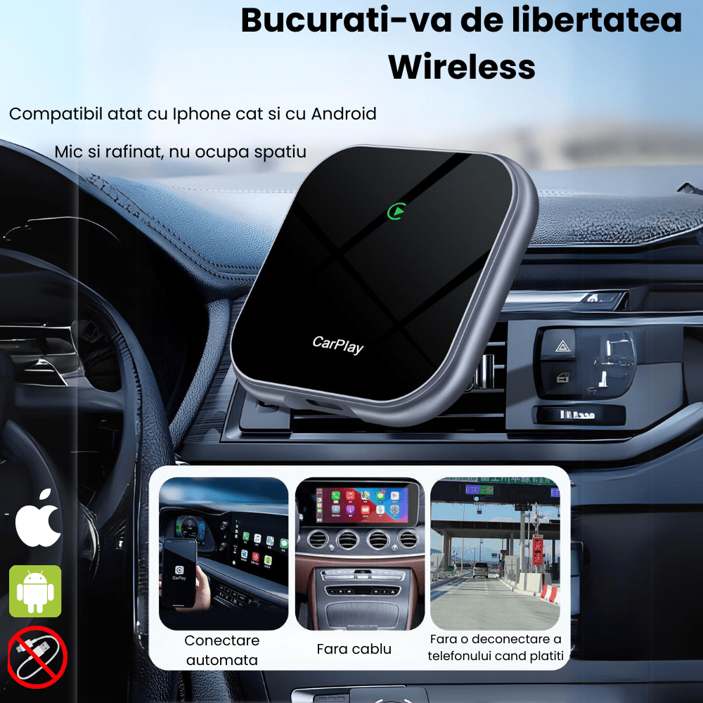 Modulator Auto CarPlay si Android Auto Wireless 2 in 1 HASEPE, Plug & Play, Compatibil iOS 10+ si Android 11+, WiFi 2.4/5Ghz, Procesor AI, Conectare Automata, Upgrade Masini cu CarPlay/Android Auto - HASEPE