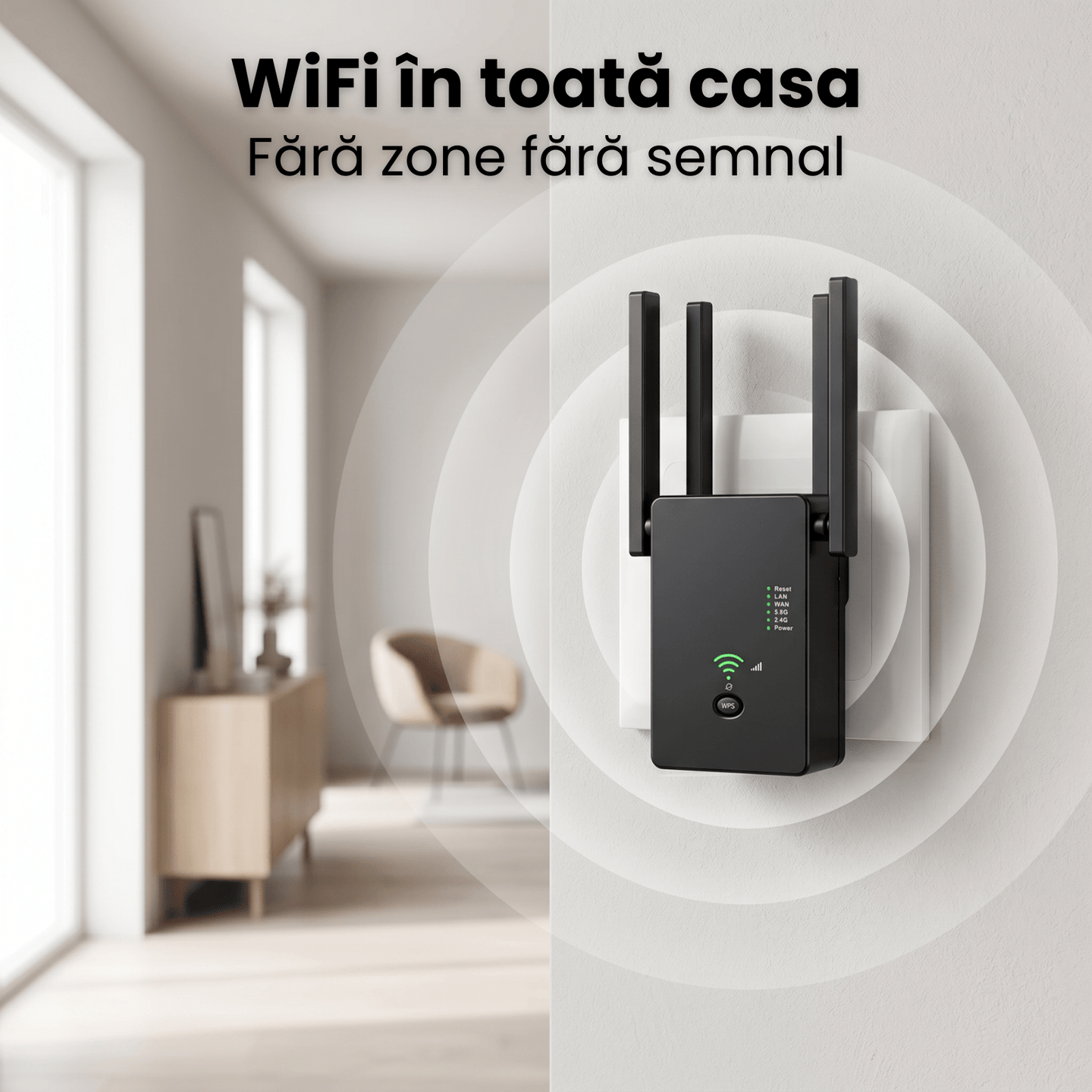 Amplificator Semnal HASEPE® Wireless WiFi 1200M Dual Band, Range Extender Amplificator Semnal Cu 4 Antene, Repeater Router Si AP, Amplificator Semnal Retea 2.4GHz 5GHz, Port LAN, Securitate WPA2, Ampl - HASEPE