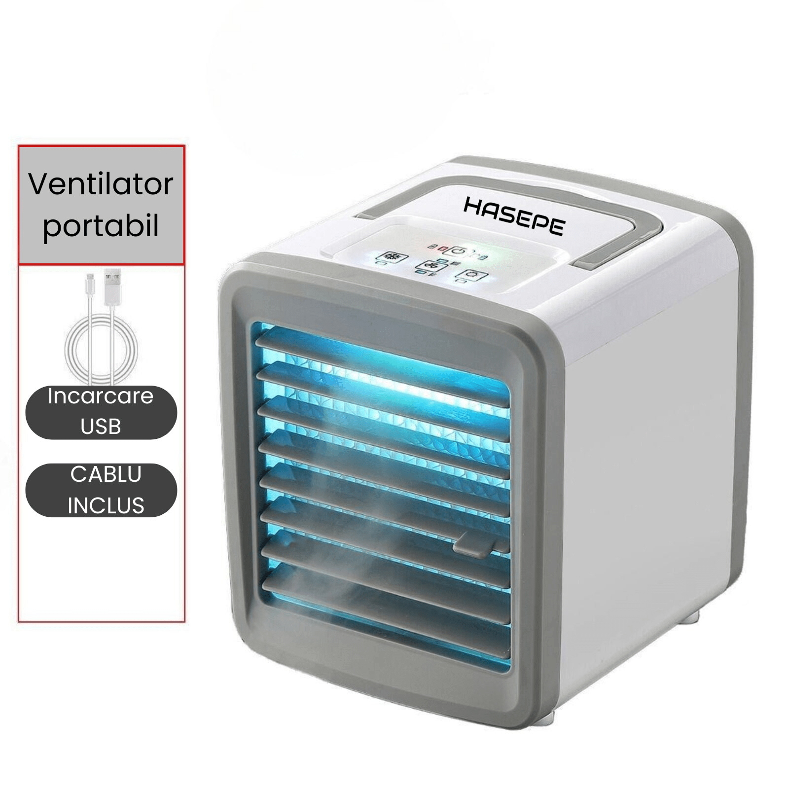 Racitor Ventilator aer portabil HASEPE, Ventilator pulverizare cu Apa, Mini aer USB, Silentios cu 2 viteze 3600 rpm/2700 rpm, Rezervor 200ml, Lumina LED, Buton ON/OFF, Climatizare Personala pentru Bir - HASEPE