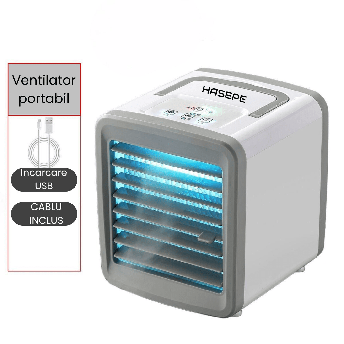 Racitor Ventilator aer portabil HASEPE, Ventilator pulverizare cu Apa, Mini aer USB, Silentios cu 2 viteze 3600 rpm/2700 rpm, Rezervor 200ml, Lumina LED, Buton ON/OFF, Climatizare Personala pentru Bir - HASEPE