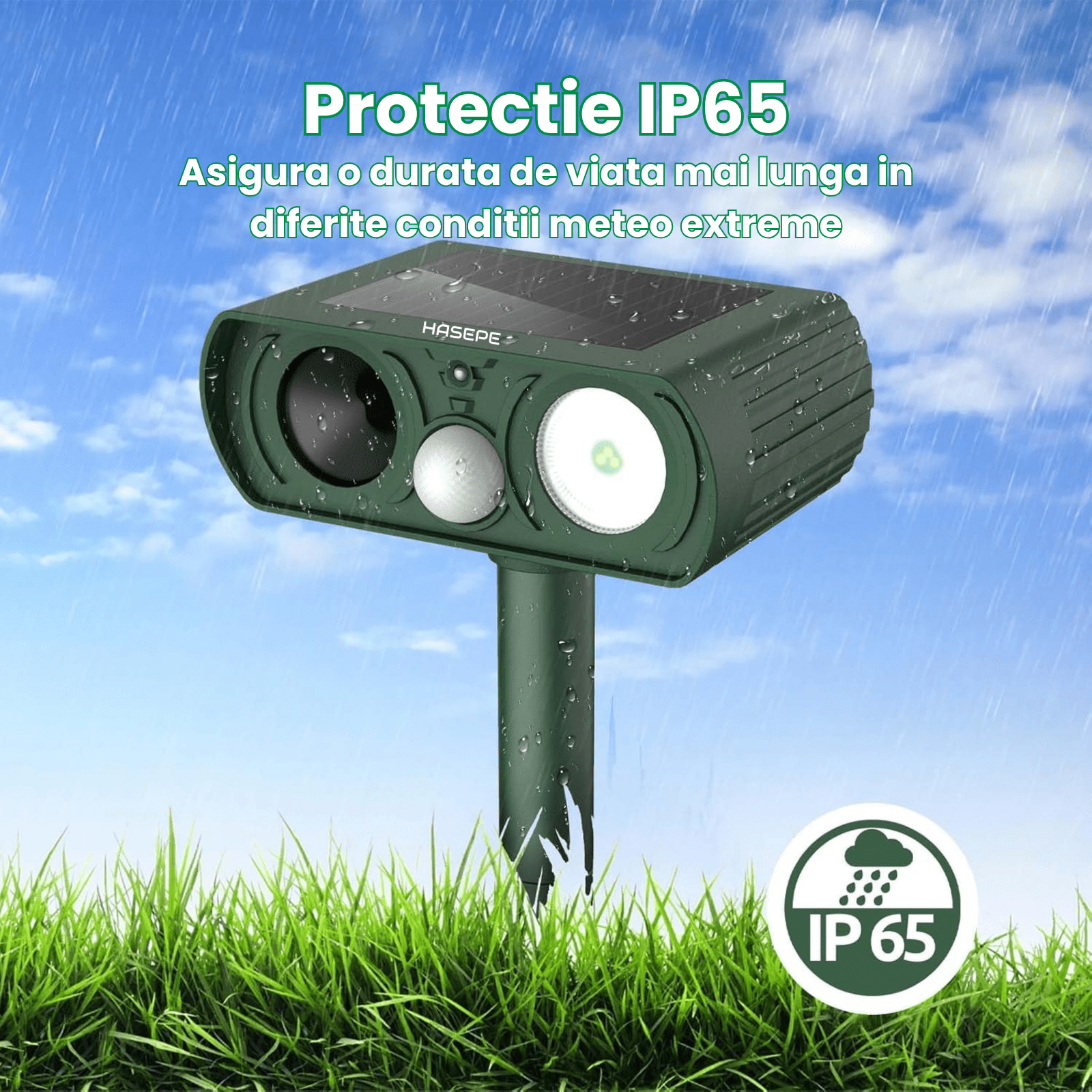 Dispozitiv Ultrasonic Solar Anti - Animale HASEPE, cu Senzor de Miscare 120°, LED Intermitent, Rezistent la Apa IP65, Protectie Ecologica pentru Gradina, Impotriva Pisicilor, Cainilor, Rozatoarelor si C - HASEPE