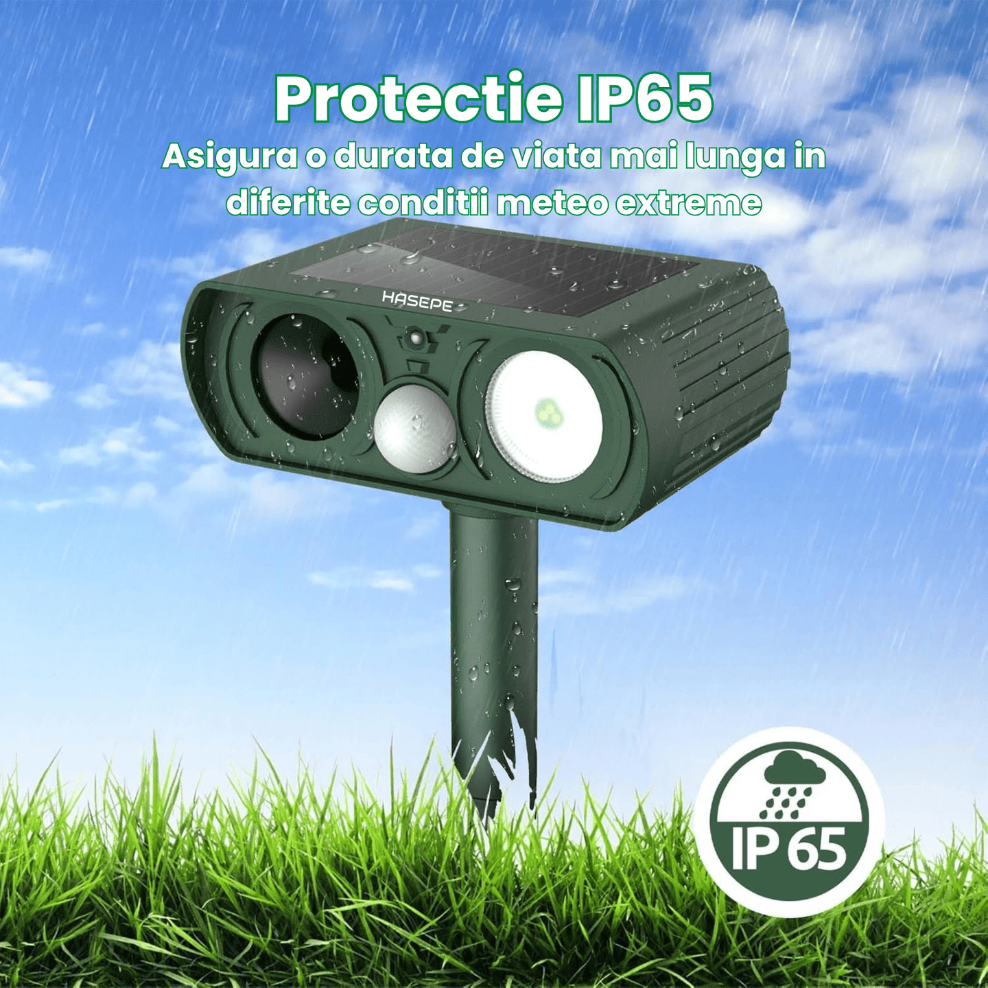 Dispozitiv Ultrasonic Solar Anti - Animale HASEPE, cu Senzor de Miscare 120°, LED Intermitent, Rezistent la Apa IP65, Protectie Ecologica pentru Gradina, Impotriva Pisicilor, Cainilor, Rozatoarelor si C - HASEPE