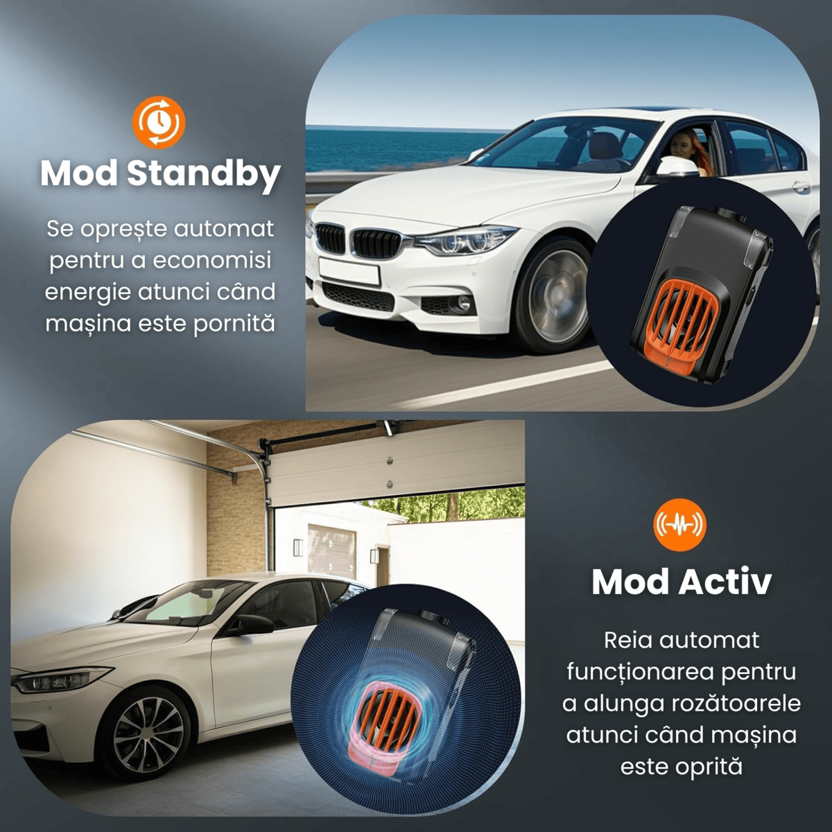 Aparat Anti Rozatoare Auto HASEPE, Anti Soareci si Sobolani, Protectie Motoare Masini, Ultrasunete si LED Intermitent, 2 Alimentari (Baterie/12V), Mod Auto Standby, Negru