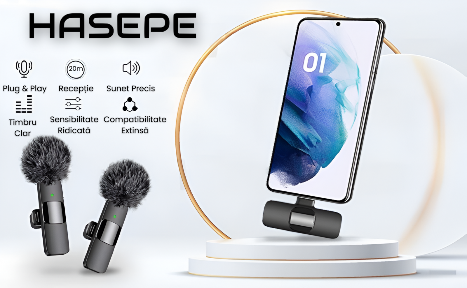 Set 2 Microfoane Lavaliera Wireless Profesionale HASEPE, Compatibile iPhone, Android, Laptop, Tableta, USB-C, Lightning, Reducere Zgomot, Portabile, 2.4 GHz, Live Streaming, Reincarcabile