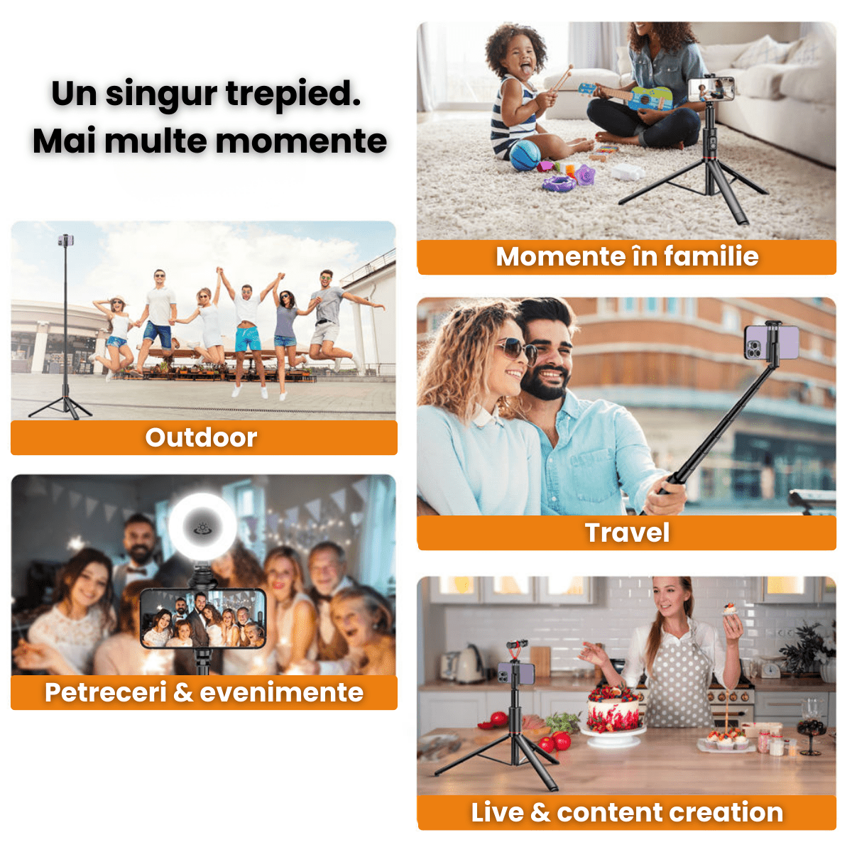 Trepied Foto HASEPE Telescopic Profesional 180cm Cu Telecomanda Bluetooth, Stativ Telefon Extensibil Din Aluminiu Si ABS, Trepied Foto Stabil, Stativ Telefon Reglabil Pentru Selfie Video Live, Negru - HASEPE