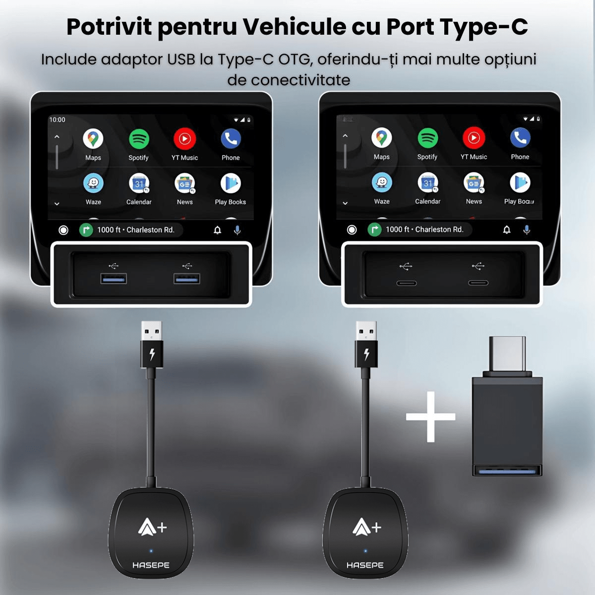 Modulator Android Auto Wireless HASEPE, USB/USB - C, Reconectare Automata, Streaming Netflix, YouTube, TikTok, Navigatie, Muzica, Apeluri, Negru - HASEPE