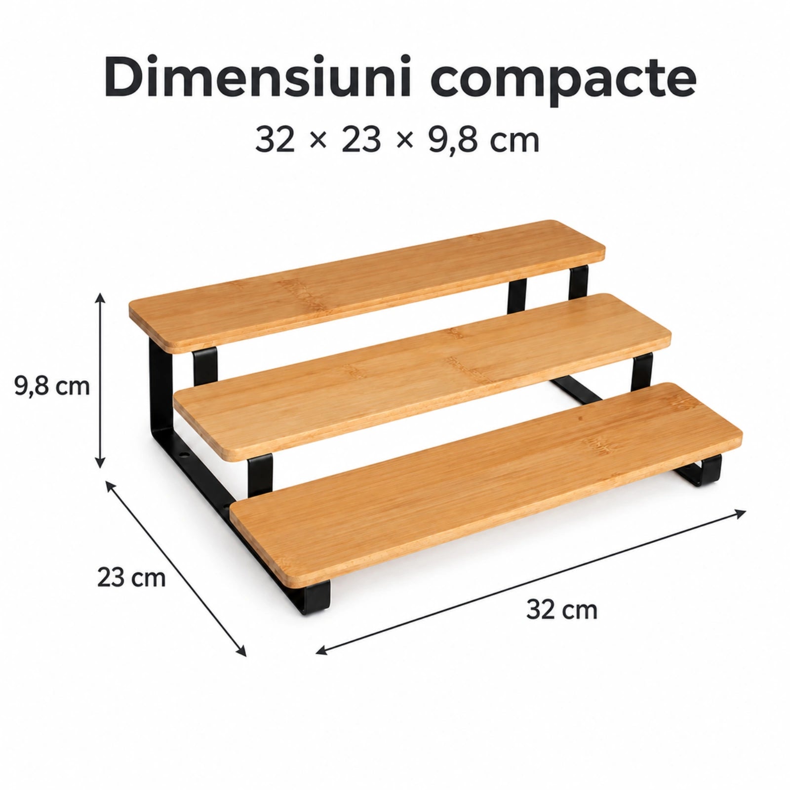 Suport condimente HASEPE® din bambus si metal, organizator condimente cu 3 niveluri pentru bucatarie, suport condimente 32x23x9,8 cm