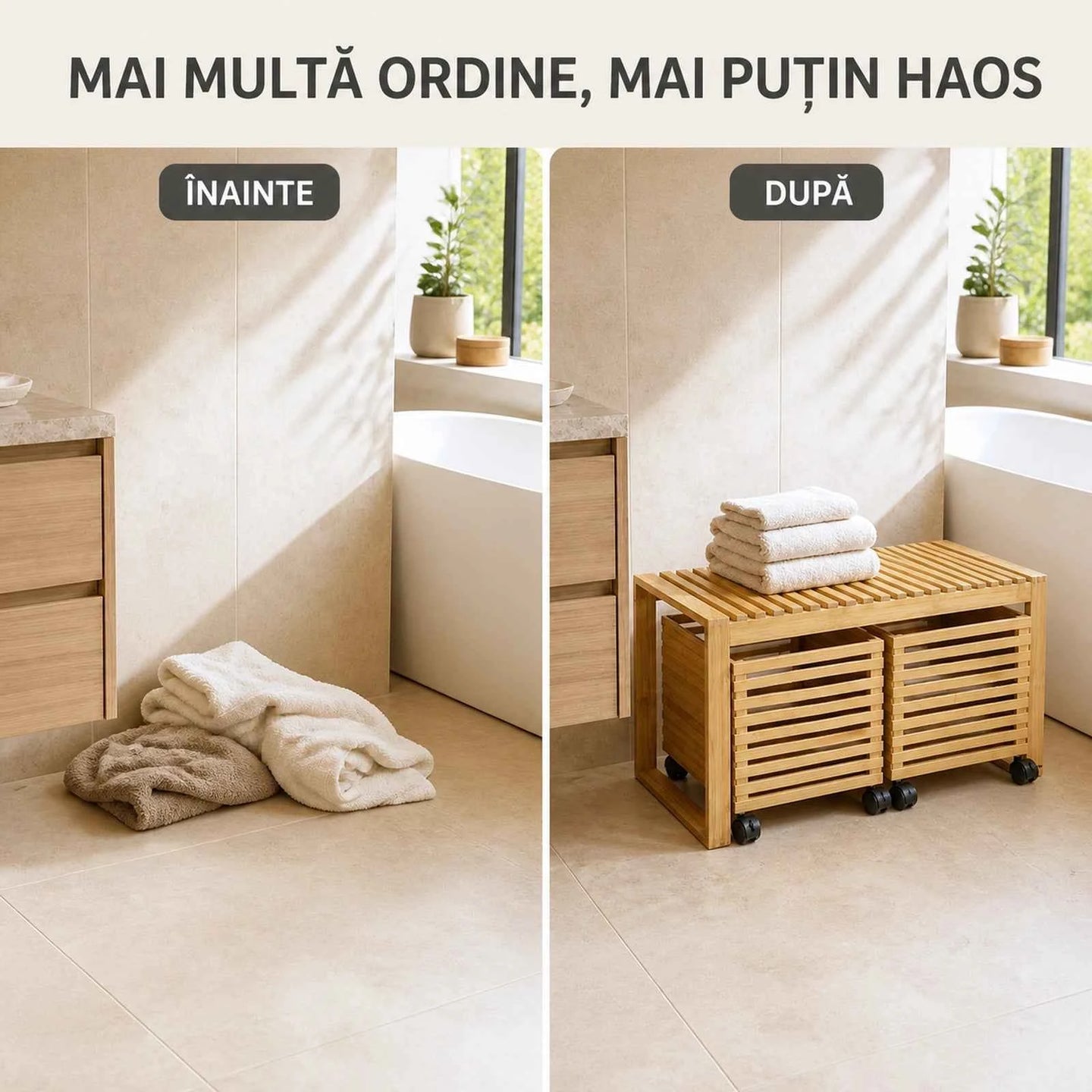 Cos de rufe HASEPE® din Bambus cu Taburet, cos depozitare cu 2 sertare pe roti, banca cu depozitare 38x38,5x75,6 cm