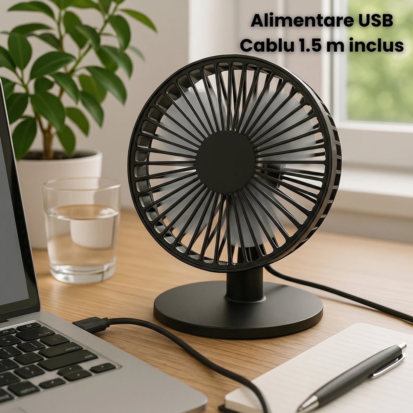 Ventilator USB HASEPE® De Masa, Ventilator Birou Negru Ø16.6 cm, Ventilator USB Cu 3 Trepte De Viteza