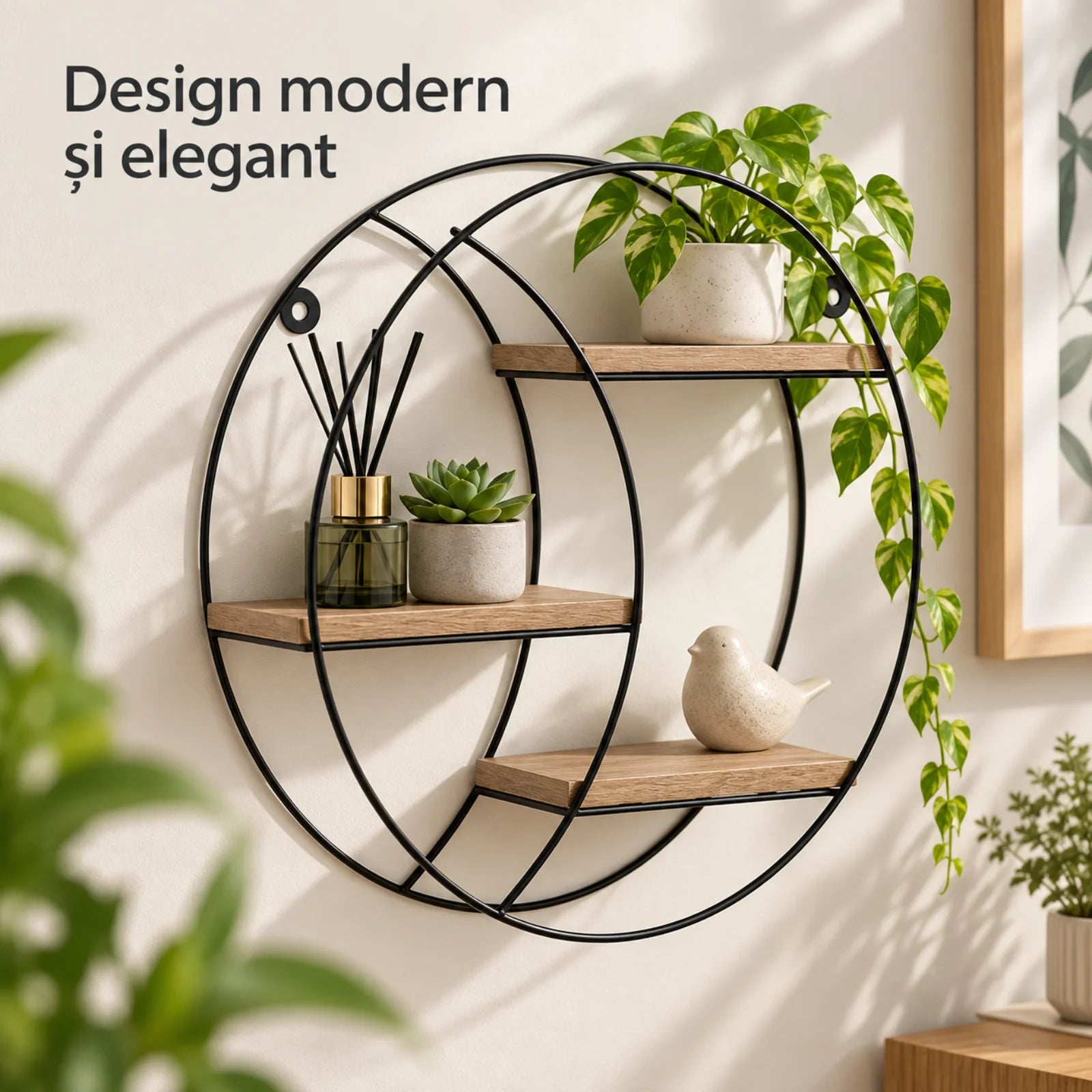 Raft Decorativ HASEPE® Rotund, cu 3 Niveluri din MDF si Cadru Metalic, Raft de Perete Ø30x9 cm
