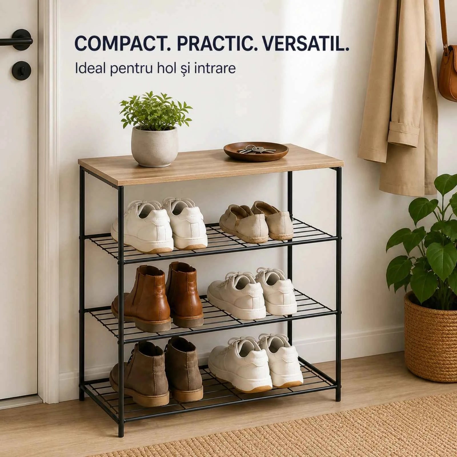 Pantofar HASEPE® Metalic cu Raft din Lemn, 3 Rafturi pentru Incaltaminte, 60x30x63 cm, Pantofar pentru Hol si Intrare
