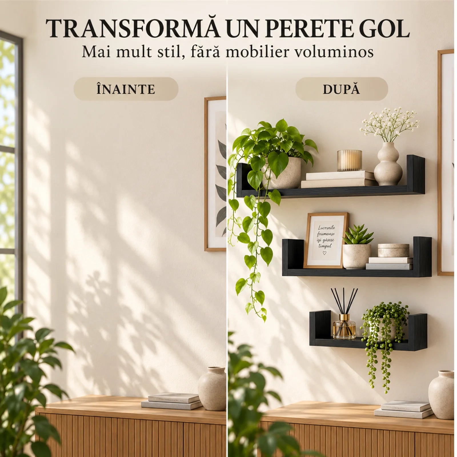 Set 3 Rafturi De Perete HASEPE®, Set 3 Rafturi Suspendate Negru, Rafturi Decorative Cu Suporturi Ascunse