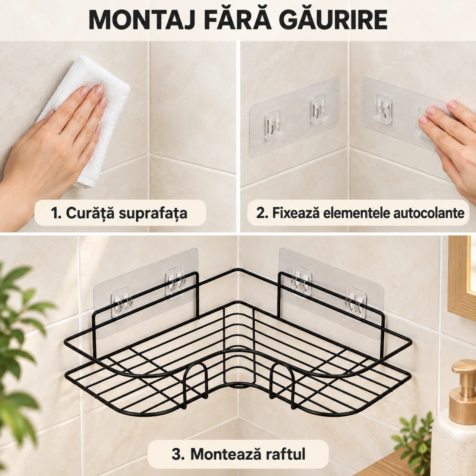Raft de Dus HASEPE® Pentru Baie Din Metal Negru, Raft Colt Autoadeziv Fara Gaurire 26x26x6cm