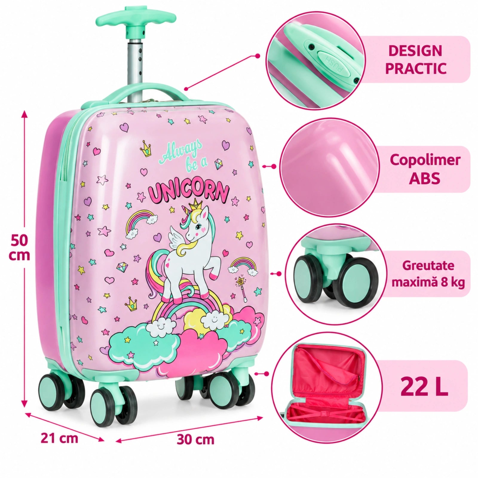 Troler Copii HASEPE® Roz Verde cu Unicorn, Valiza Copii 22.8L din Copolimer ABS, 4 Roti Duble Rotative, Maner Telescopic pana la 85 cm