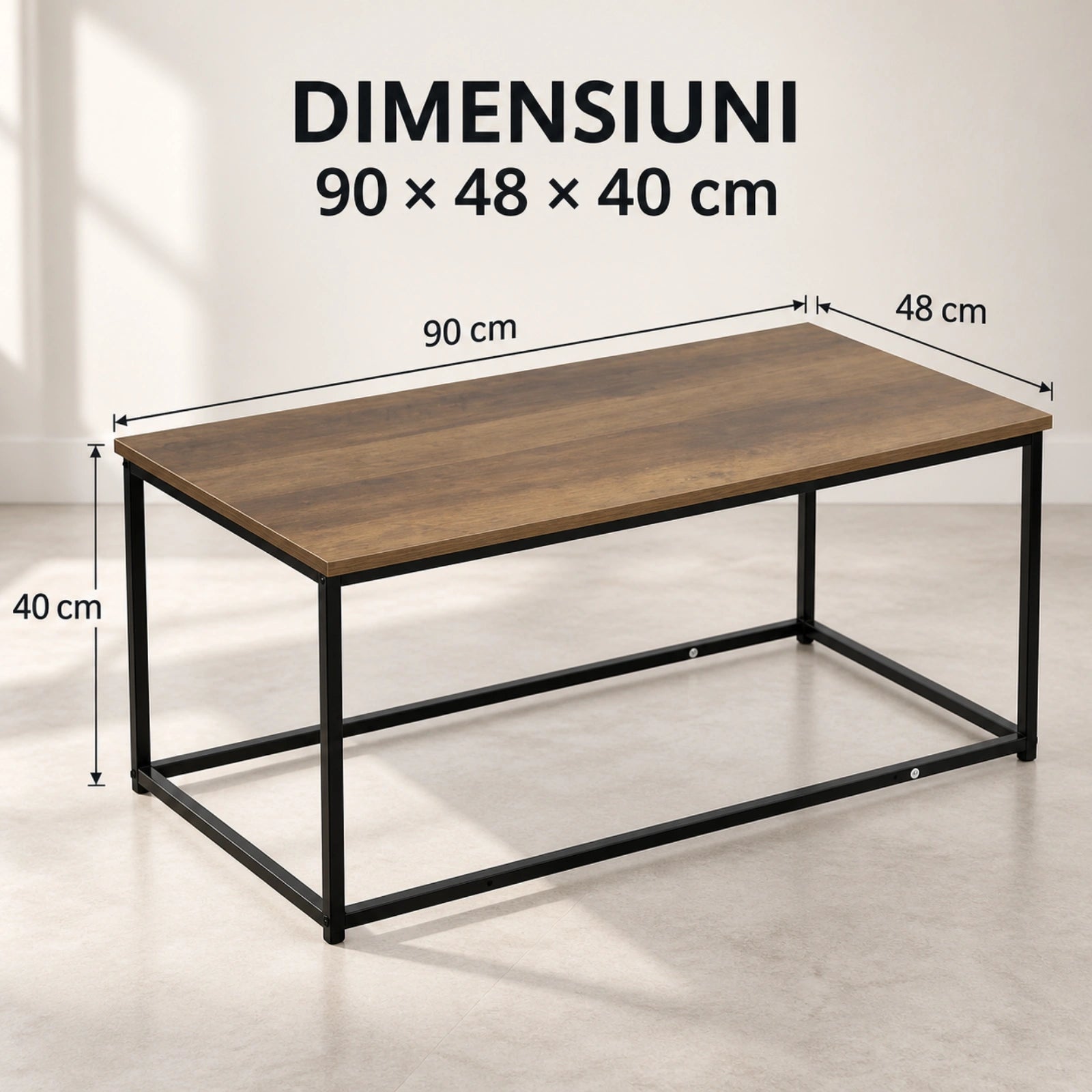 Masa HASEPE® Dreptunghiulara 90x48x40 cm, Blat MDF Culoare Naturala Si Cadru Metalic Negru, Masuta Pentru Living Si Interior