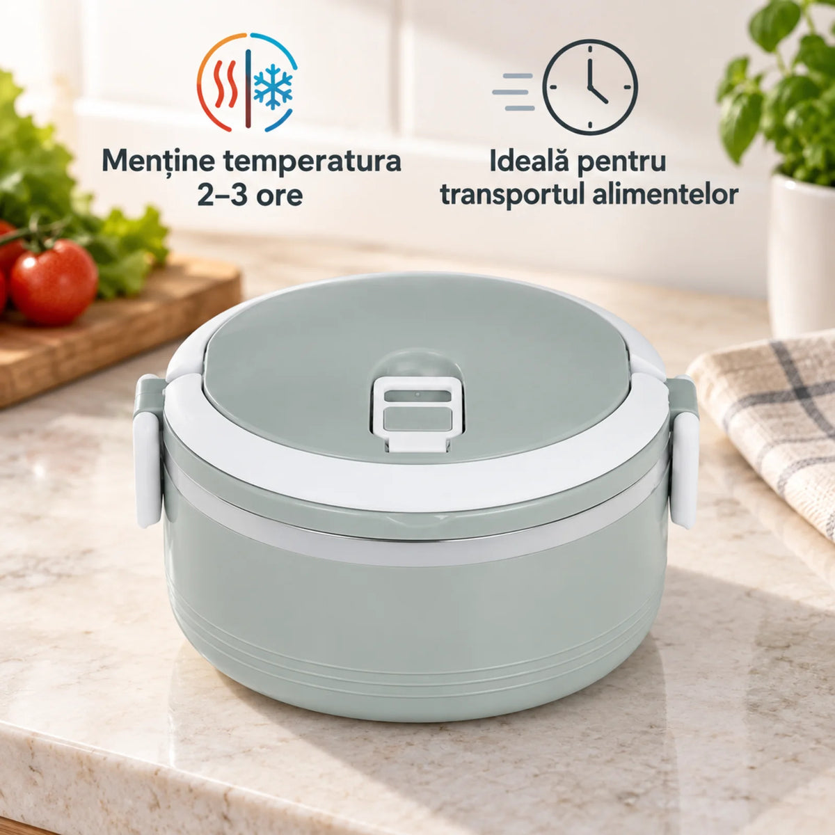 Caserola Termica HASEPE® Rotunda, 500 ml, Gri, Interior din Otel Inoxidabil