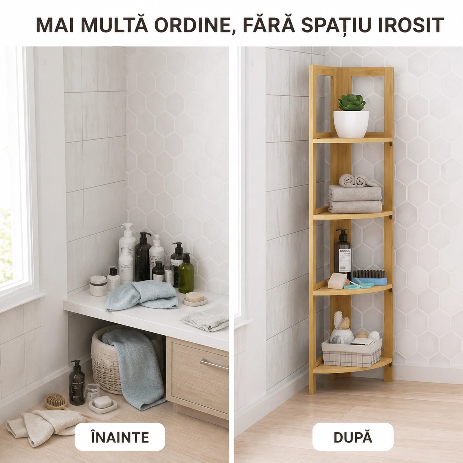 Raft de Colt HASEPE® din Bambus, 4 Polite, 39.5x27x120 cm, Raft Depozitare pentru Baie, Bucatarie si Casa