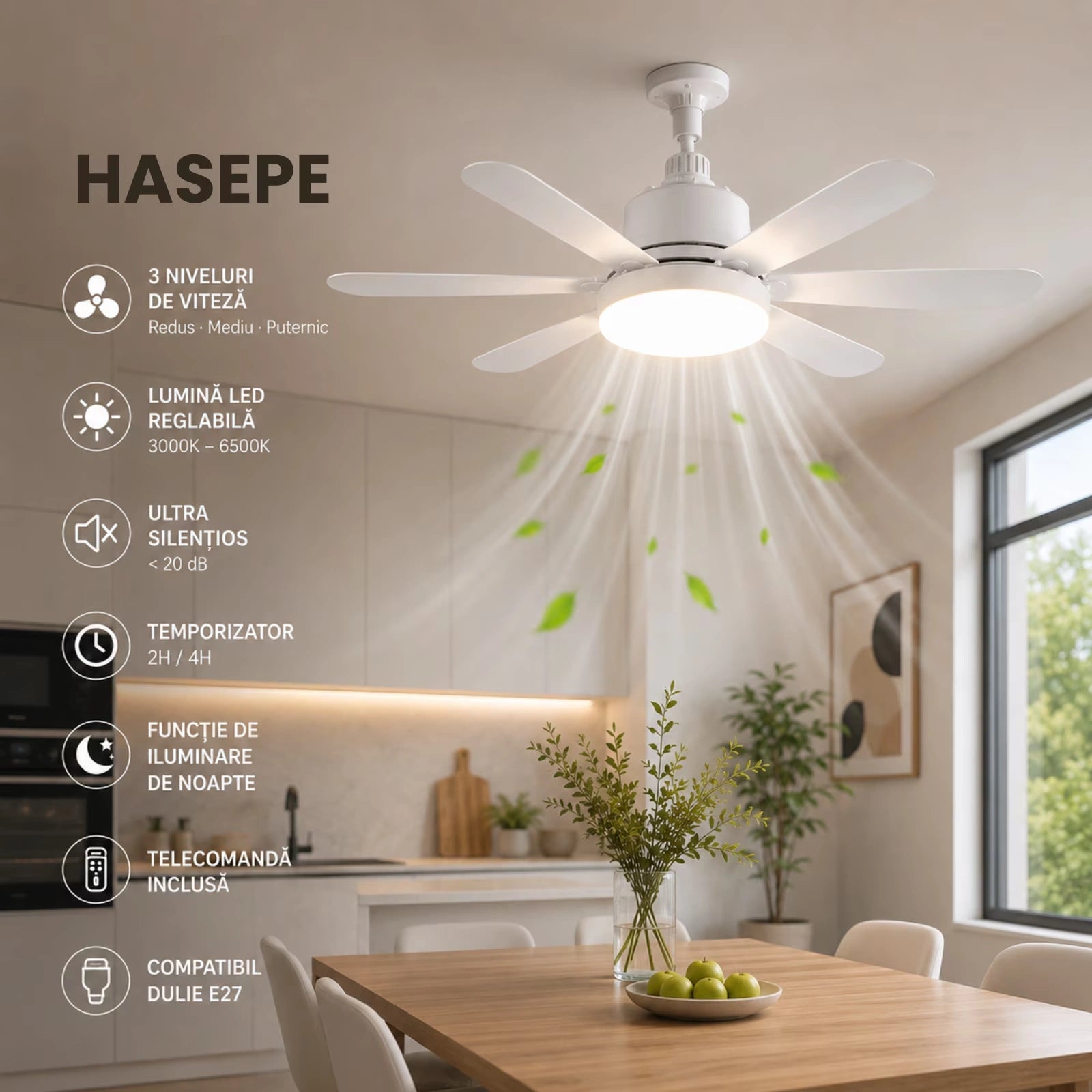 Ventilator HASEPE® Plafon Cu LED, Plafoniera Cu Ventilator E27, Ventilator Plafon 6 Palete, Telecomanda, 3 Trepte Viteza, Timer 2H/4H