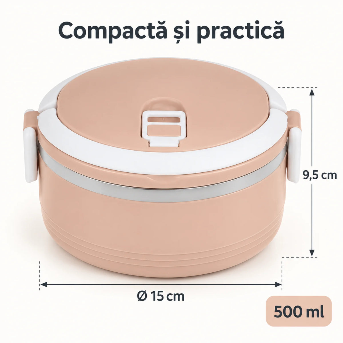 Caserola Termica HASEPE® Rotunda, 500 ml, Roz, Interior din Otel Inoxidabil