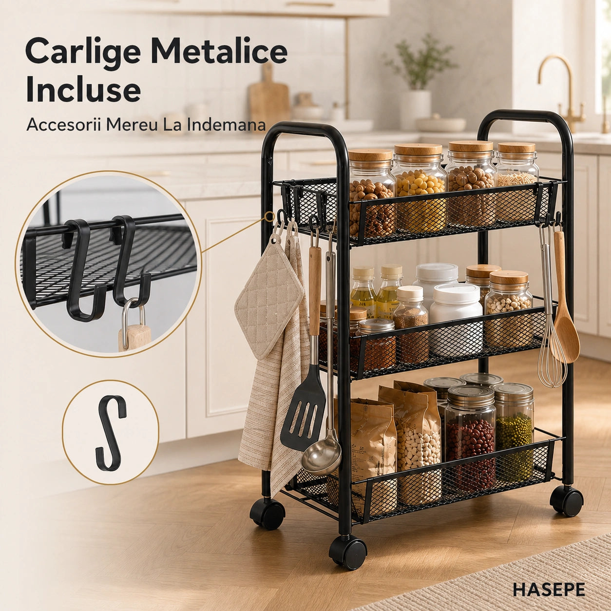 Etajera Metalica HASEPE® Cu 3 Rafturi, Raft Depozitare Mobil Pe Roti Cu Blocare