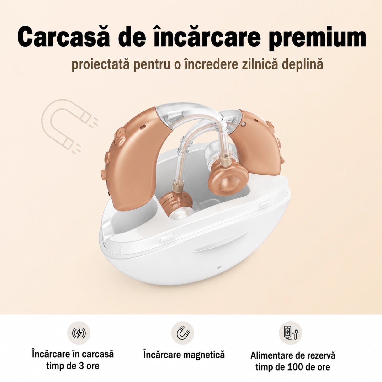 Set 2 Aparate Auditive HASEPE® Reincarcabile, Casti Auditive Reincarcabile, Autonomie Totala Pana La 210 Ore