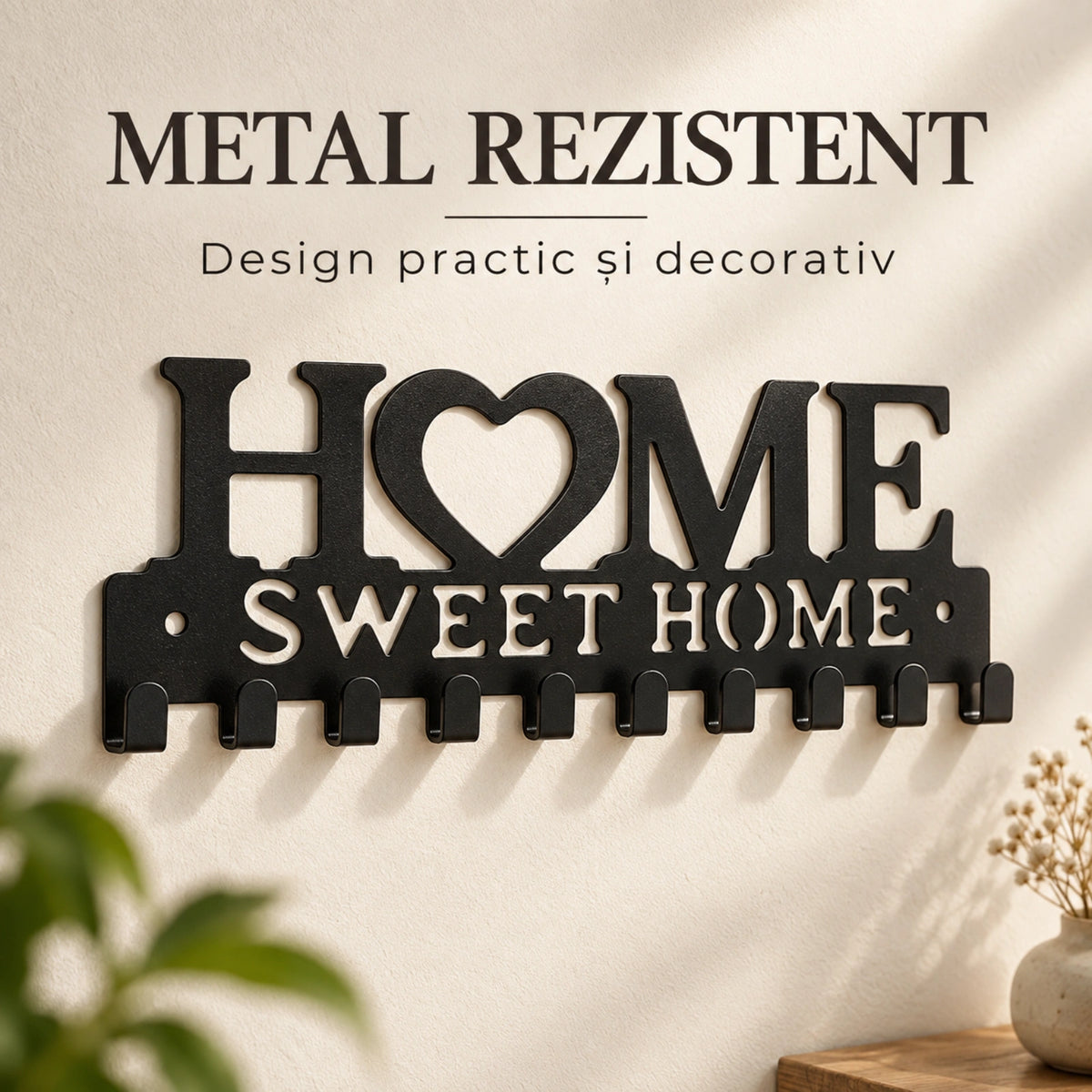 Cuier de perete HASEPE® metalic negru, 10 carlige, model Home Sweet Home, cuier perete pentru chei, 26x9,2x1,7 cm