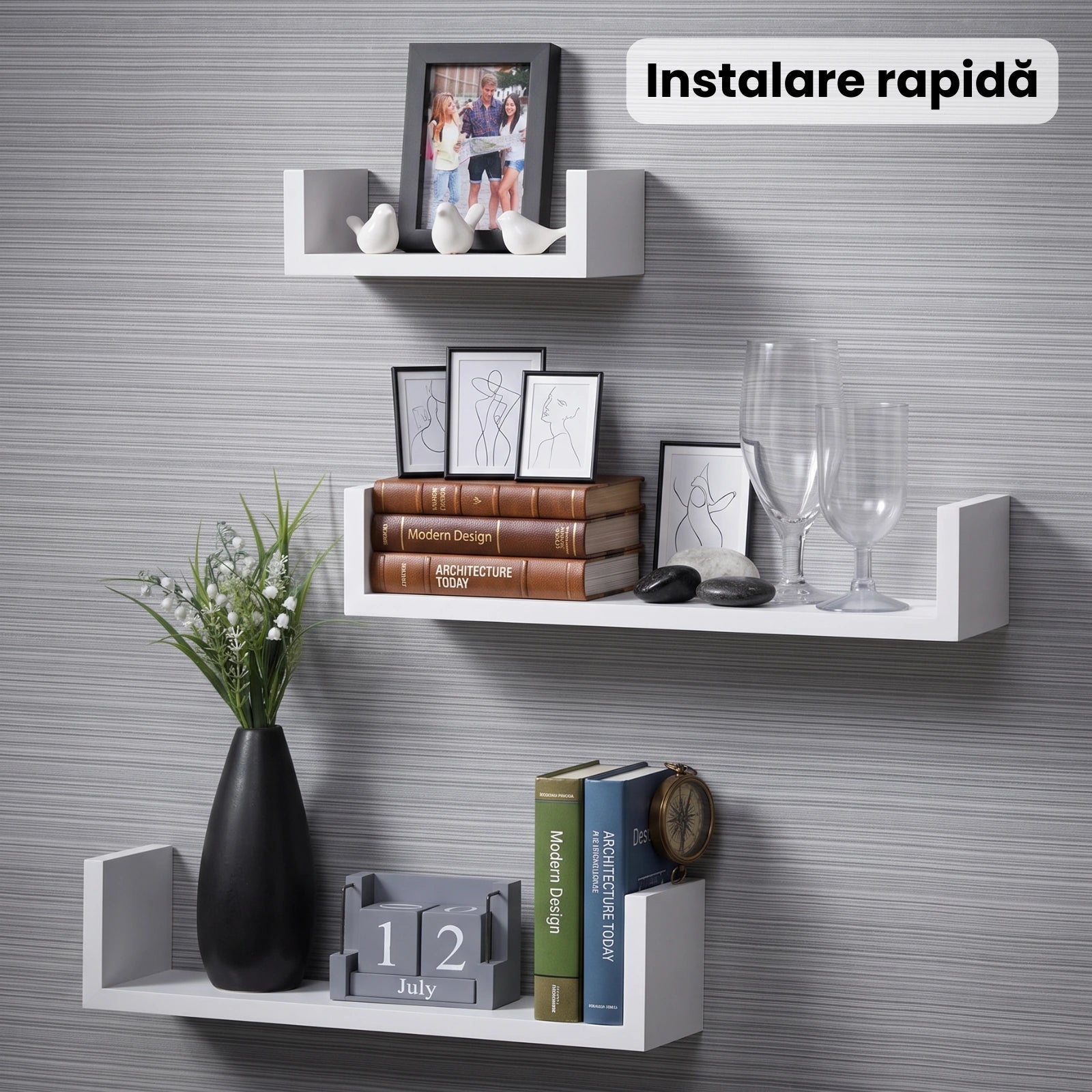 Set 3 Rafturi De Perete HASEPE®, Set 3 Rafturi Suspendate Albe, Rafturi Decorative Cu Suporturi Ascunse
