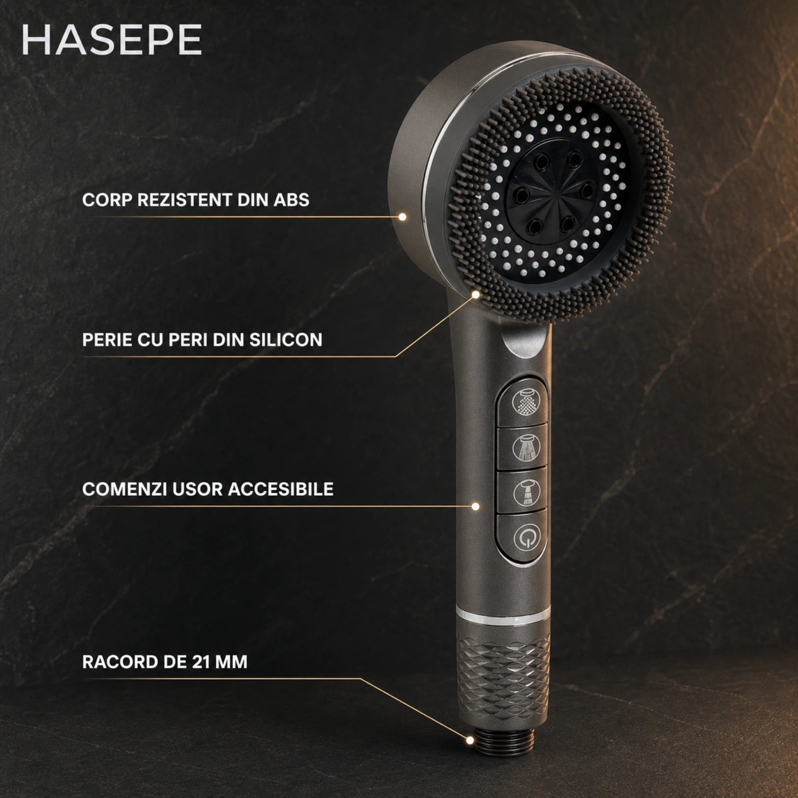 Para Dus HASEPE® Cu 5 Functii, Capat Dus Cu Jet Ploaie si Masaj, Economisire Apa, Montaj Universal 21 mm