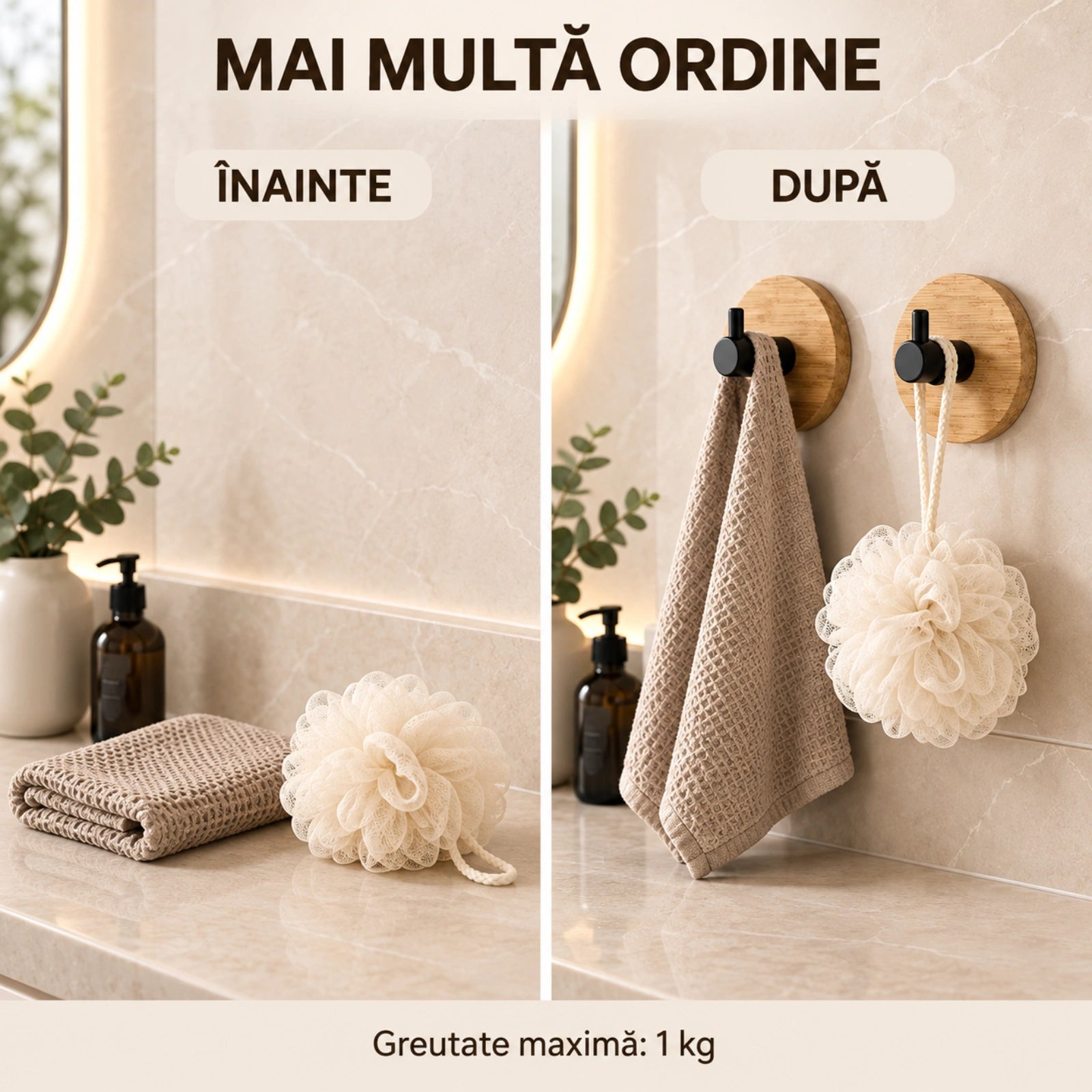 Carlige Autoadezive HASEPE® din Bambus, 2 Bucati, Ø4,8 cm, Carlige Baie Rotunde cu Suport Negru PP, Cuier Baie pentru Prosoape si Accesorii Mici de Baie