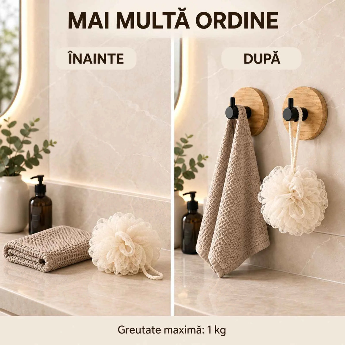 Carlige Autoadezive HASEPE® din Bambus, 2 Bucati, Ø4,8 cm, Carlige Baie Rotunde cu Suport Negru PP, Cuier Baie pentru Prosoape si Accesorii Mici de Baie