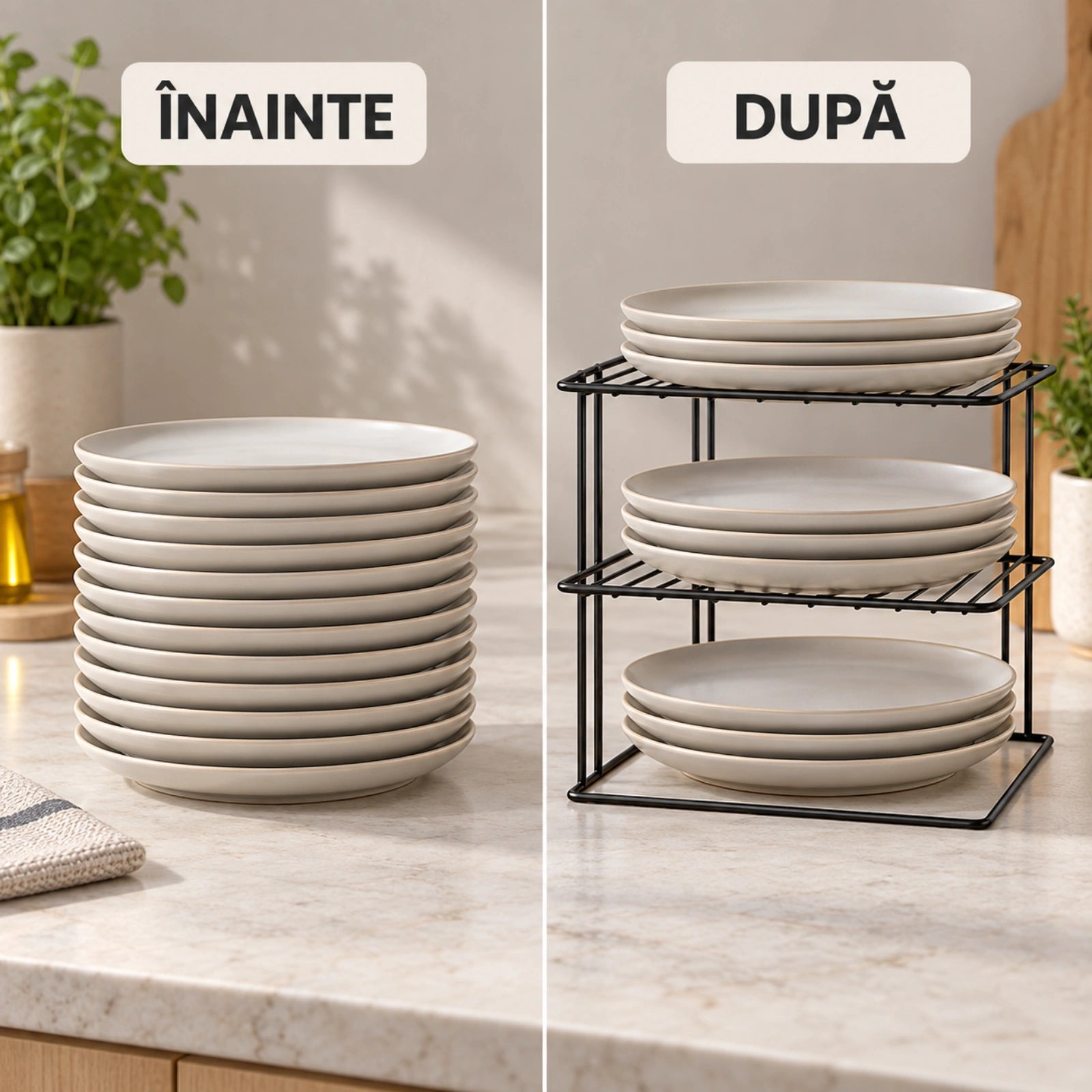 Organizator bucatarie HASEPE® raft de colt cu 3 nivele, metal negru, 23x23x21 cm, raft organizator pentru farfurii si dulap