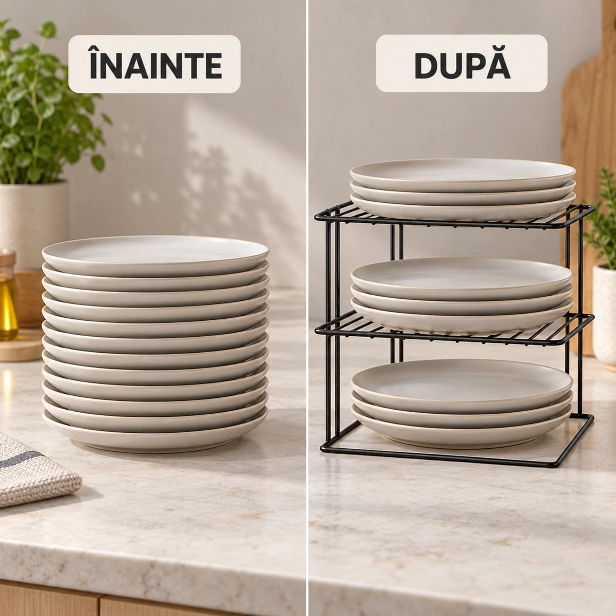 Organizator bucatarie HASEPE® raft de colt cu 3 nivele, metal negru, 23x23x21 cm, raft organizator pentru farfurii si dulap