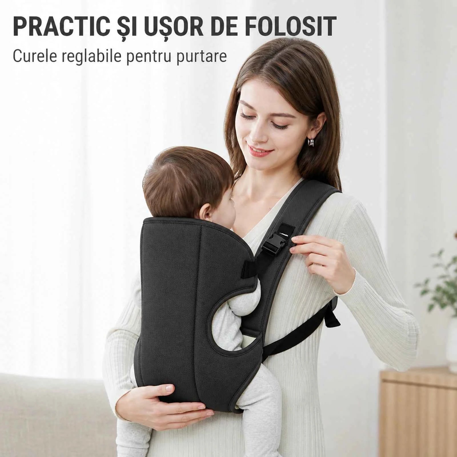 Marsupiu Bebe HASEPE® Ergonomic, Marsupiu Ergonomic Cu Sezut Antiderapant Intarit, Marsupiu Ergonomic 5+ Luni, Max 9 Kg, Negru