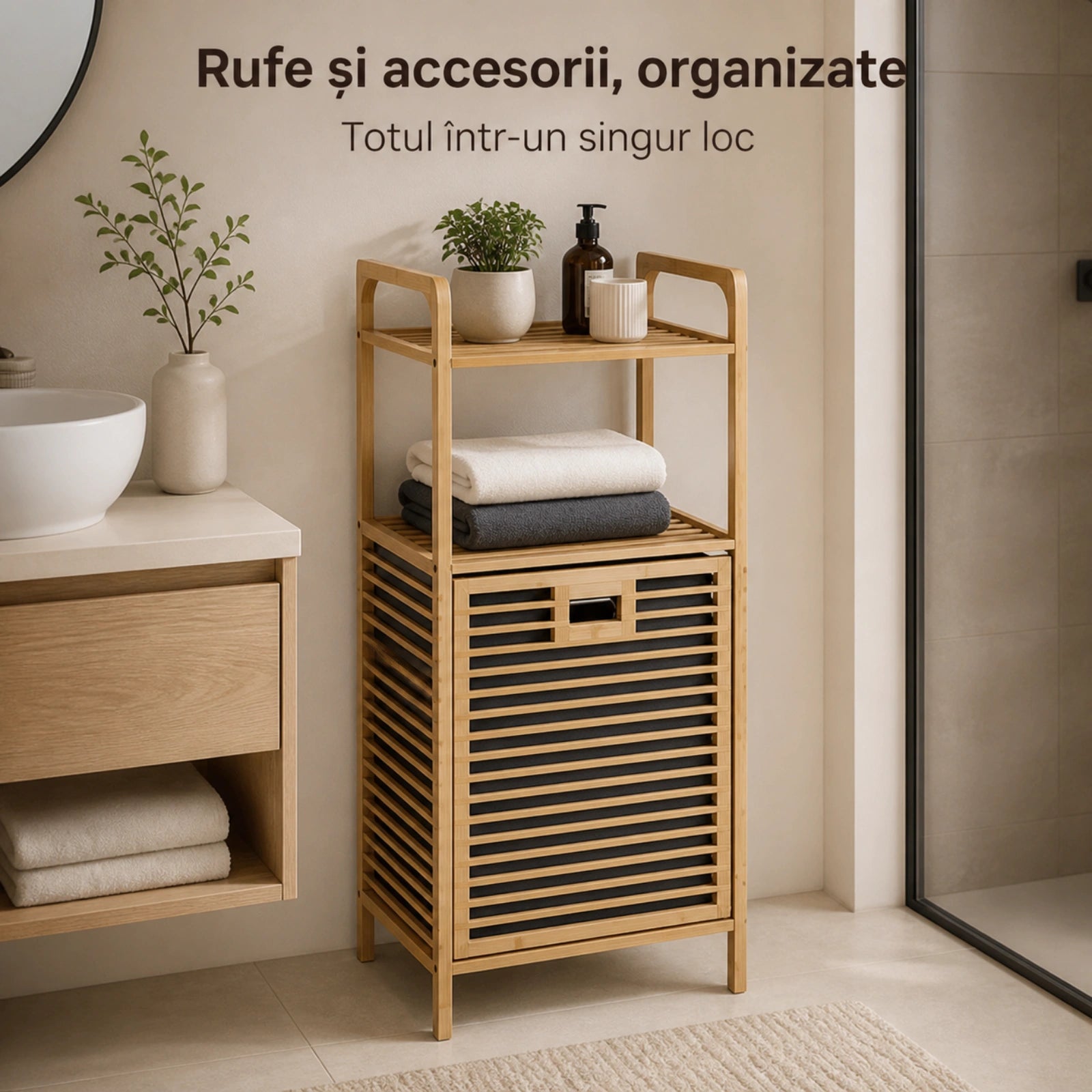 Cos Rufe HASEPE® Din Bambus Cu Rafturi, Cos Rufe Cu Sac Textil Detasabil, 40x30x95cm