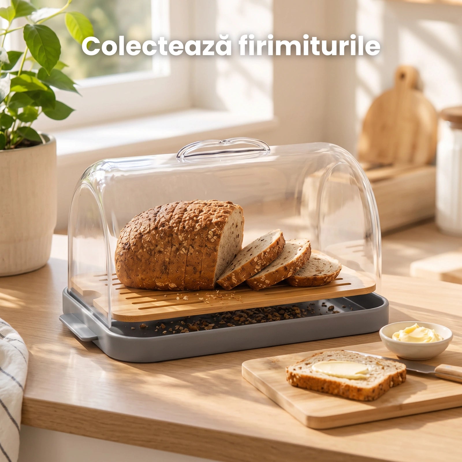 Cutie Paine HASEPE® Cu Capac Transparent, Cutie Depozitare Paine Din Plastic PP Si Bambus