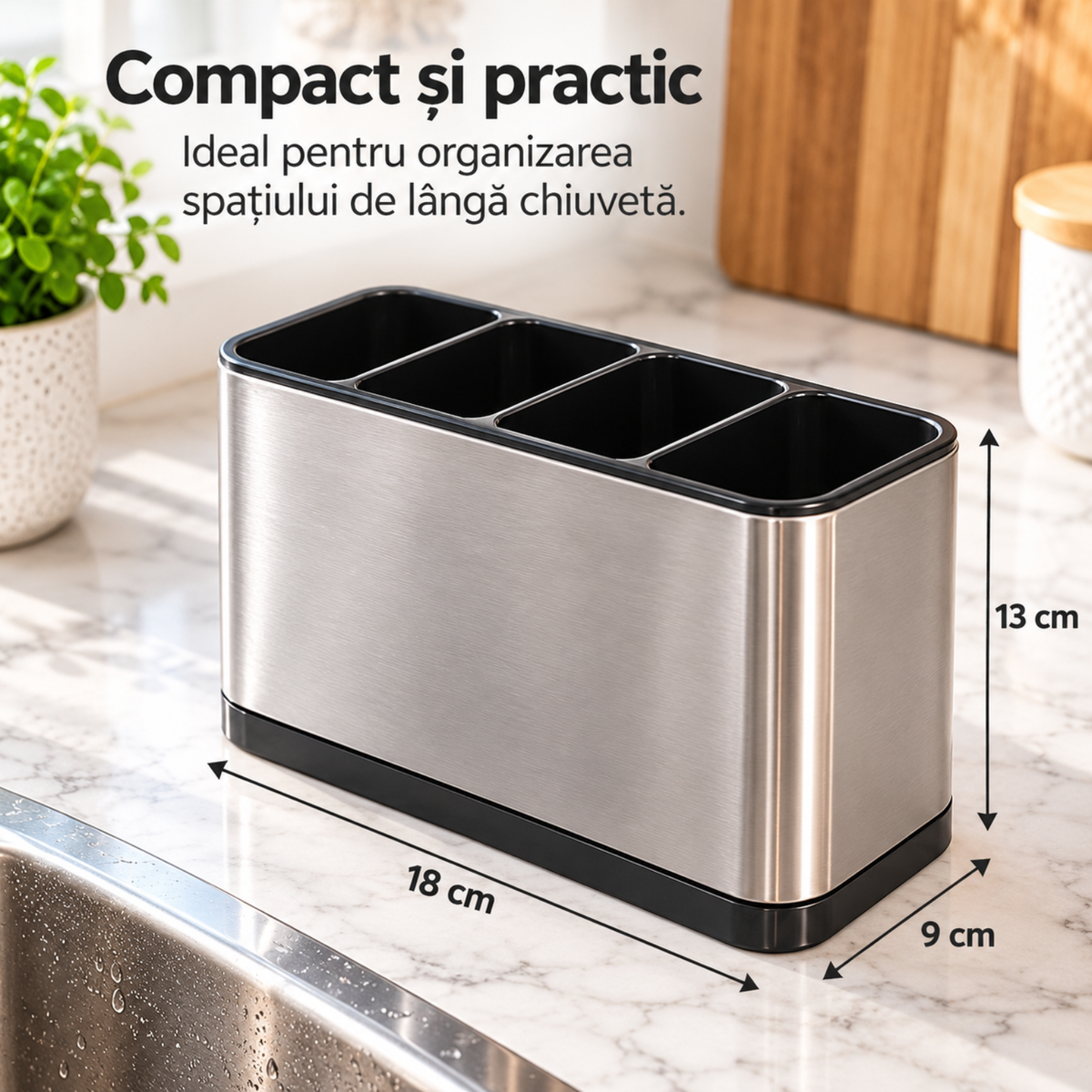 Suport Tacamuri Hasepe® din Inox, 4 Compartimente, 18x9x13 cm, Scurgere in Chiuveta