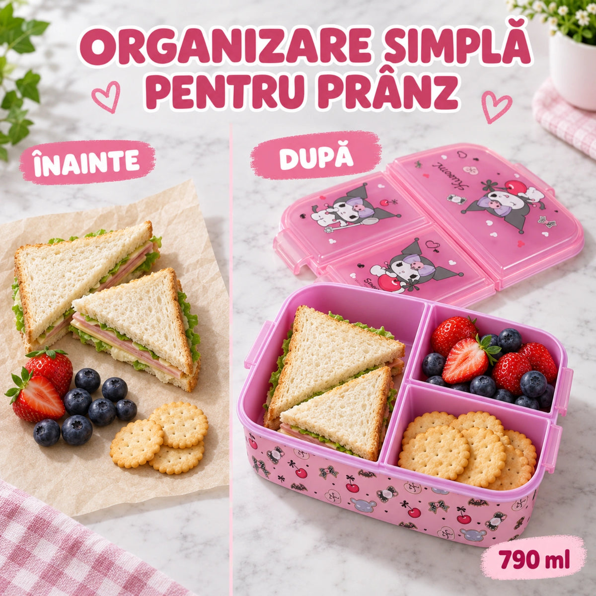 Cutie alimentara HASEPE®, 790 ml, 3 compartimente, caserola copii roz, cutie alimentara pentru scoala si after school