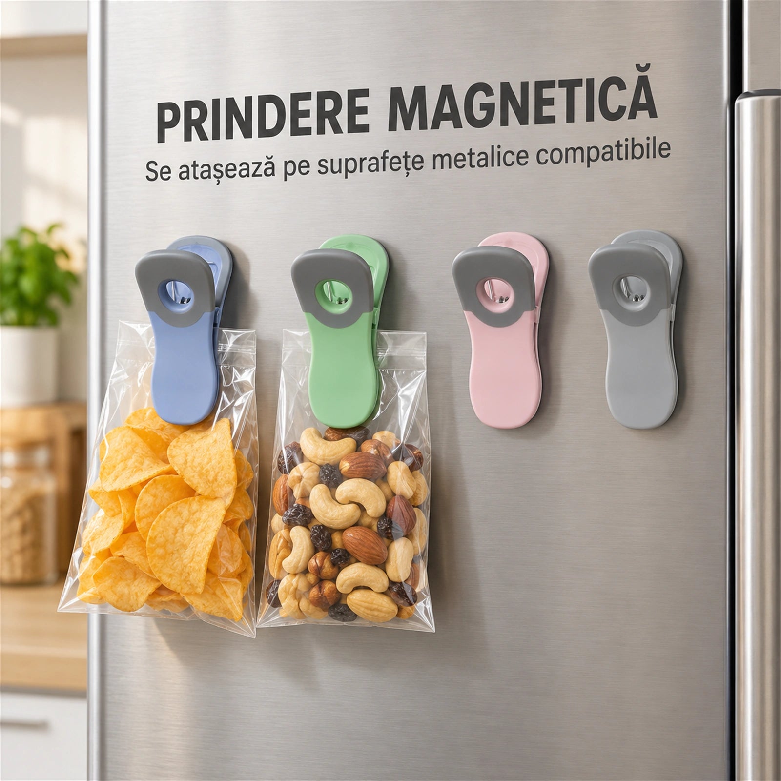Set 4 Clesti pentru pungi HASEPE® cu magnet, clesti pentru sigilat pungi alimentare si ambalaje mici, 7 x 3 cm