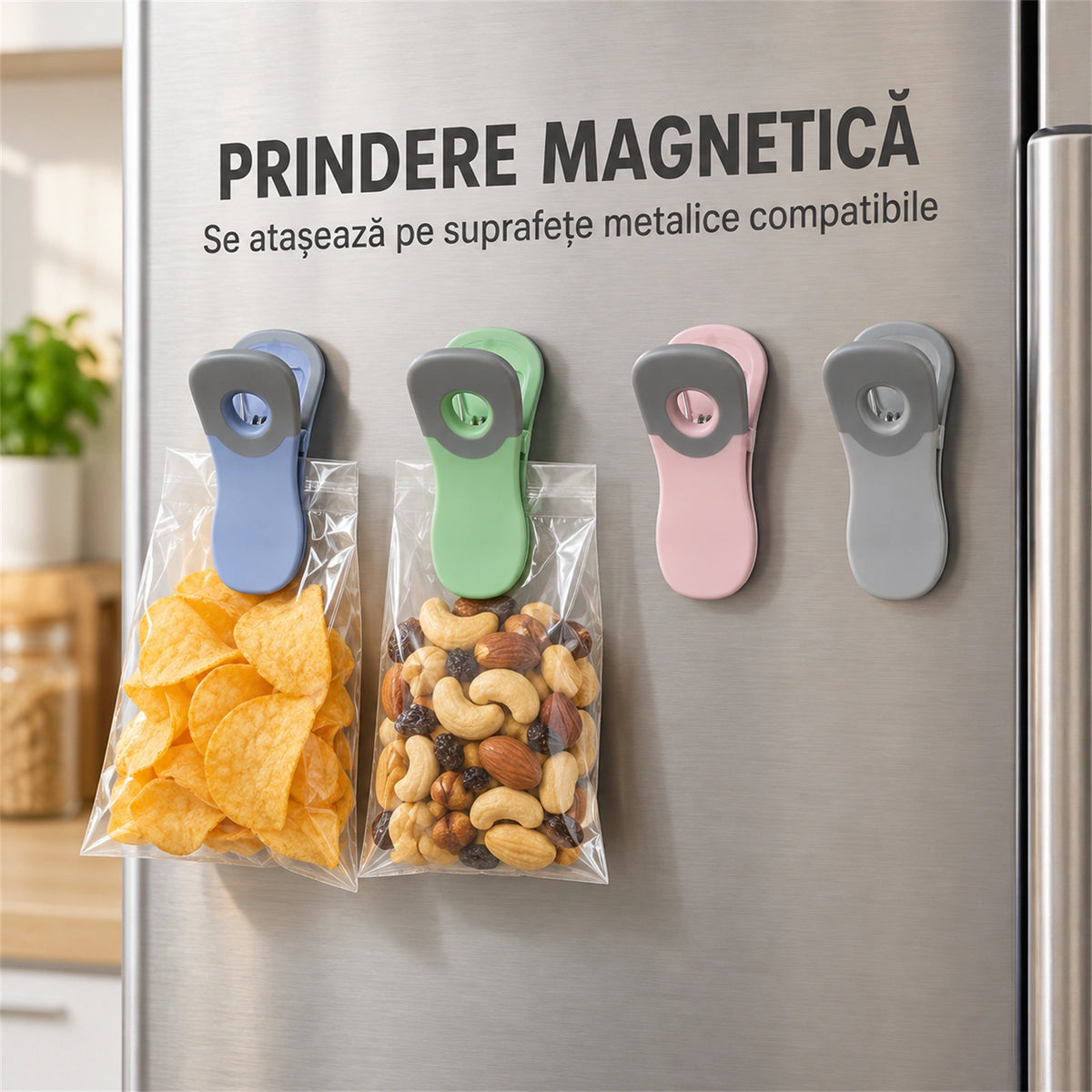 Set 4 Clesti pentru pungi HASEPE® cu magnet, clesti pentru sigilat pungi alimentare si ambalaje mici, 7 x 3 cm