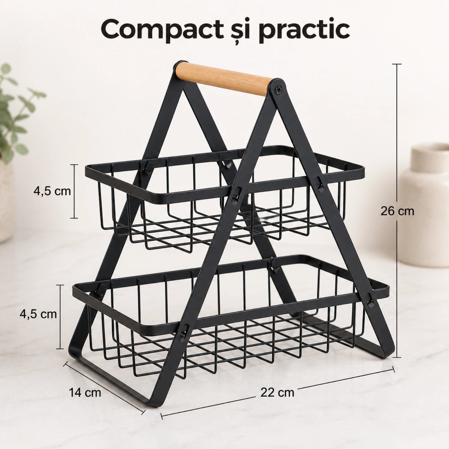 Raft Bucatarie HASEPE® Cu 2 Nivele, Etajera Depozitare Metalica Neagra Cu Maner Din Lemn, 22x14x26cm