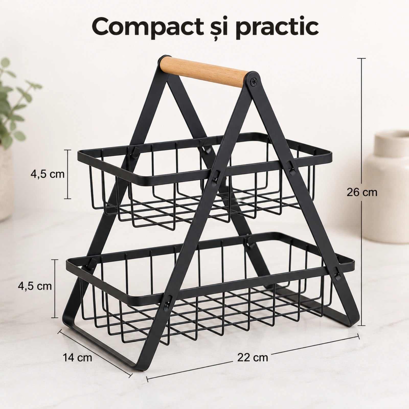 Raft Bucatarie HASEPE® Cu 2 Nivele, Etajera Depozitare Metalica Neagra Cu Maner Din Lemn, 22x14x26cm