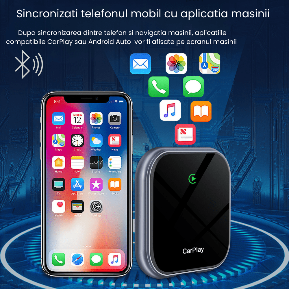 Modulator Auto CarPlay si Android Auto Wireless 2 in 1 HASEPE, Plug & Play, Compatibil iOS 10+ si Android 11+, WiFi 2.4/5Ghz, Procesor AI, Conectare Automata, Upgrade Masini cu CarPlay/Android Auto - HASEPE
