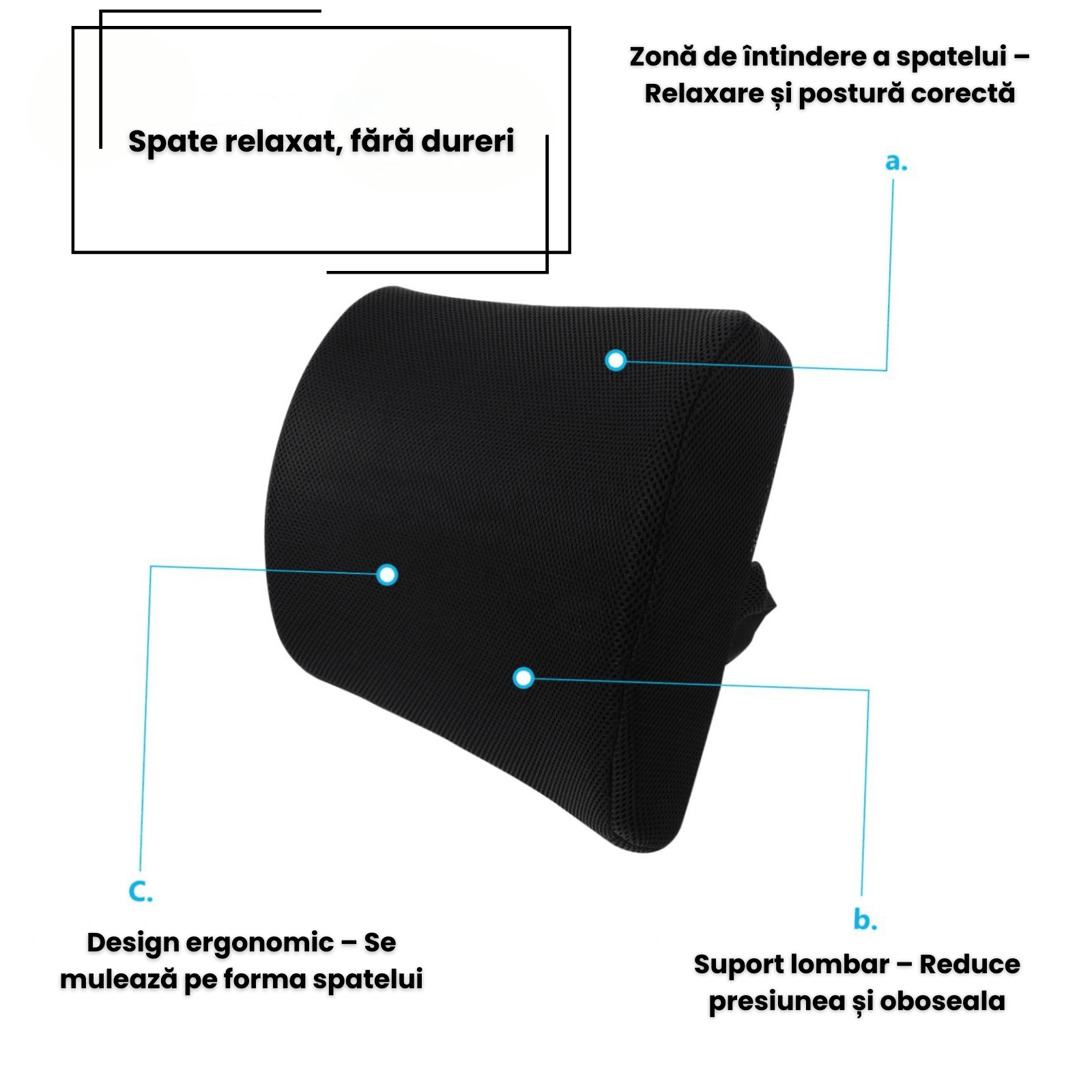 Pernă lombară ortopedică cu spumă memorie HASEPE, suport ergonomic spate, curea reglabila, husă respirabilă, pentru birou, scaun auto și acasă - HASEPE