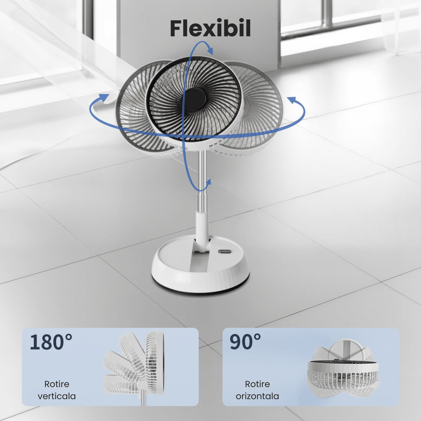 Ventilator portabil telescopic HASEPE, pliabil cu telecomanda, 3 viteze, reglabil pe inaltime 35 - 85 cm, rotire automata 90°, cap inclinabil 180°, USB, diametru 20 cm, alb - HASEPE