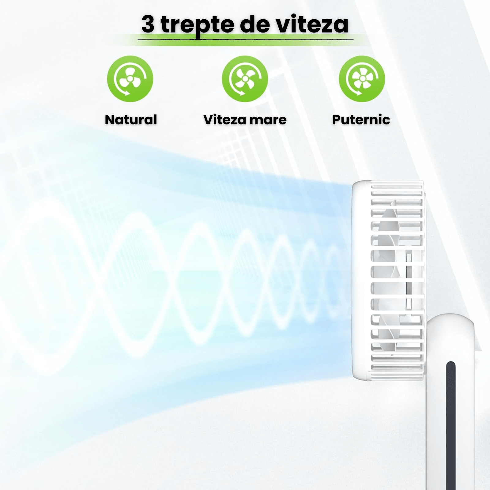 Ventilator portabil pliabil USB HASEPE, 3 viteze, rotire 180°, diametru 21 cm, autonomie 1,5–5 ore, compact si silentios, ideal pentru birou, plaja, calatorii, alb - HASEPE