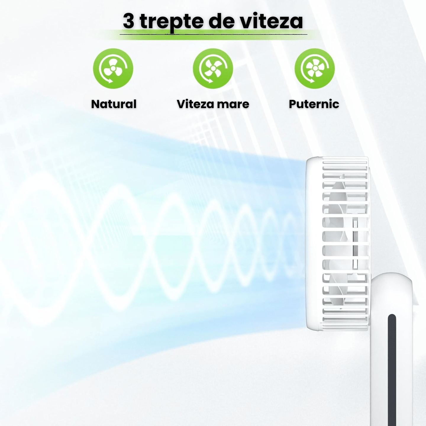 Ventilator portabil pliabil USB HASEPE, 3 viteze, rotire 180°, diametru 21 cm, autonomie 1,5–5 ore, compact si silentios, ideal pentru birou, plaja, calatorii, alb - HASEPE