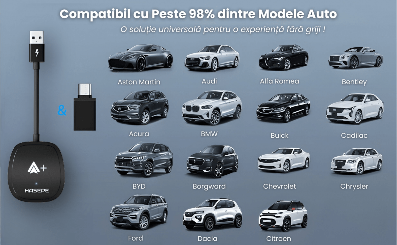 Modulator Android Auto Wireless HASEPE, USB/USB - C, Reconectare Automata, Streaming Netflix, YouTube, TikTok, Navigatie, Muzica, Apeluri, Negru - HASEPE