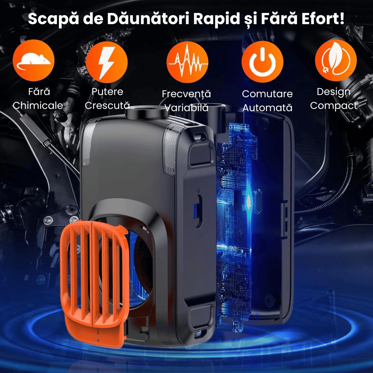 Aparat Anti Rozatoare Auto HASEPE, Anti Soareci si Sobolani, Protectie Motoare Masini, Ultrasunete si LED Intermitent, 2 Alimentari (Baterie/12V), Mod Auto Standby, Negru - HASEPE