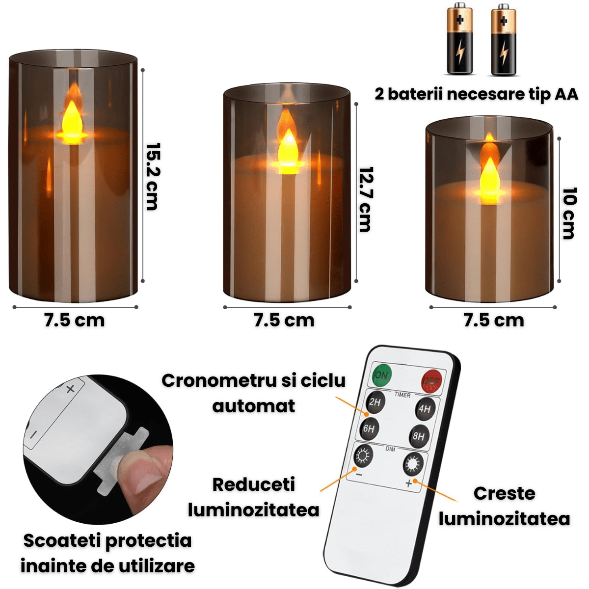 Set 3 Lumanari Led HASEPE Decorative Din Sticla Fumurie, Lumanari Decorative Cu Telecomanda Si Timer, Lumanare Electrica Cu Lumina Calda, Lumanari Led Pentru Decor Casa Evenimente Sarbatori - HASEPE